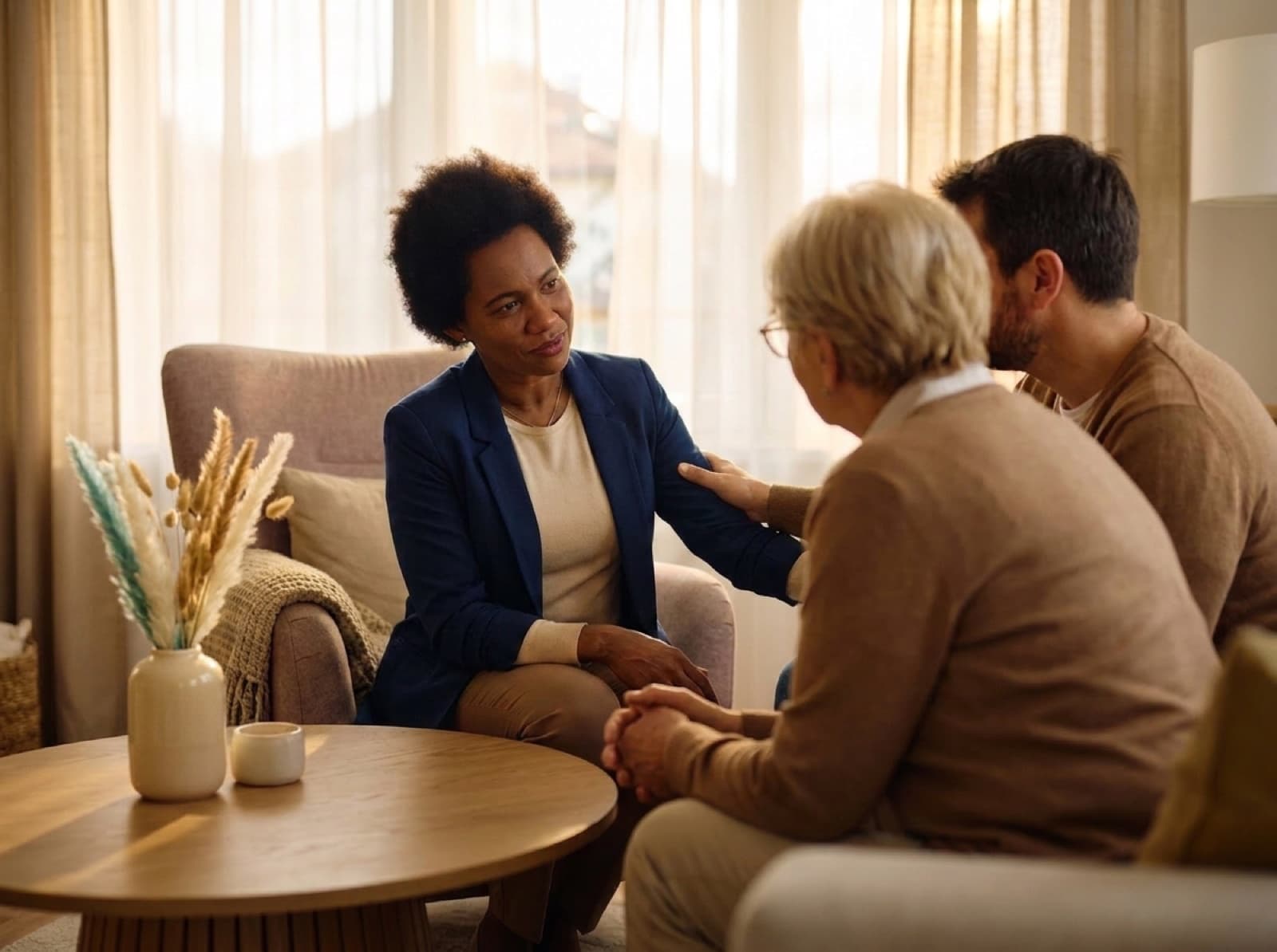 A care team member meeting with a family to support a loved one in recovery